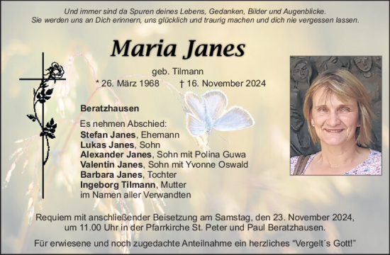 Traueranzeige von Maria Janes von Mittelbayerische Zeitung Regensburg