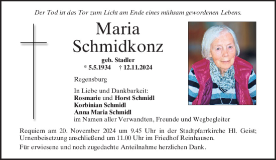 Traueranzeige von Maria Schmidkonz von Mittelbayerische Zeitung Regensburg