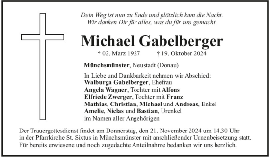 Traueranzeige von Michael Gabelberger von Mittelbayerische Zeitung Kelheim