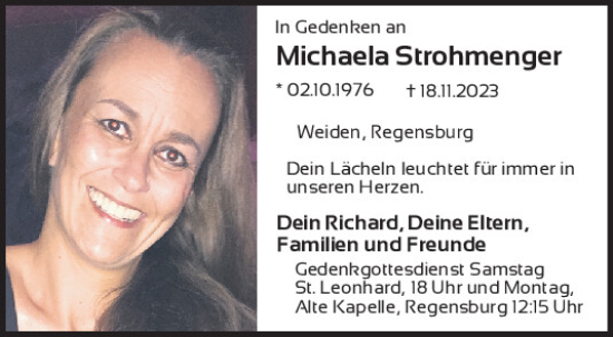 Traueranzeige von Michaela Strohmenger von Mittelbayerische Zeitung Gesamtausgabe