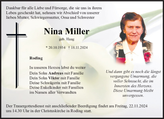 Traueranzeige von Nina Miller von Bayerwald Echo