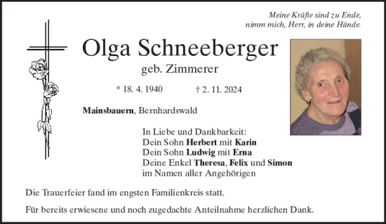 Traueranzeige von Olga Schneeberger von Mittelbayerische Zeitung Regensburg