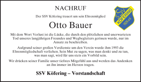 Traueranzeige von Otto Bauer von Mittelbayerische Zeitung Regensburg