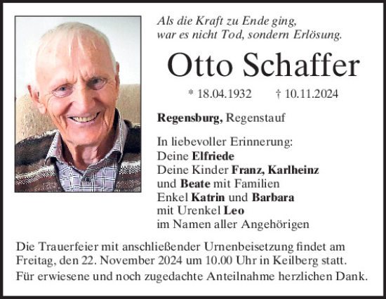 Traueranzeige von Otto Schaffer von Mittelbayerische Zeitung Regensburg