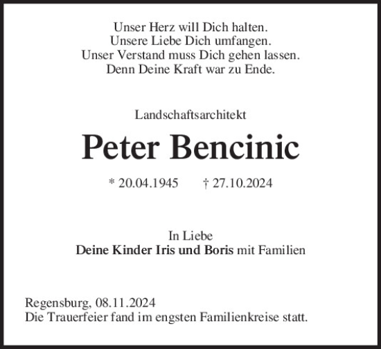 Traueranzeige von Peter Bencinic von Mittelbayerische Zeitung Regensburg