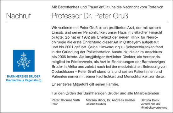 Traueranzeige von Peter Gruß von Mittelbayerische Zeitung Gesamtausgabe