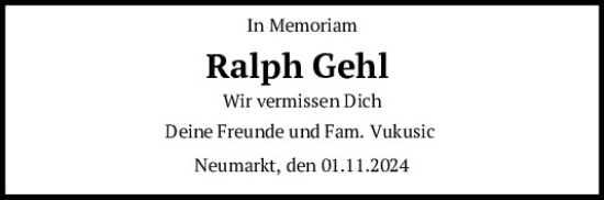 Traueranzeige von Ralph Gehl von Neumarkter Tagblatt