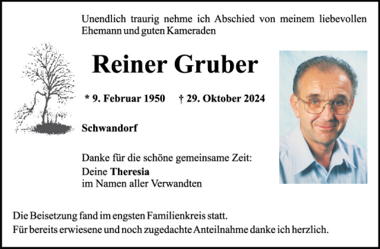 Traueranzeige von Reiner Gruber von Mittelbayerische Zeitung Schwandorf