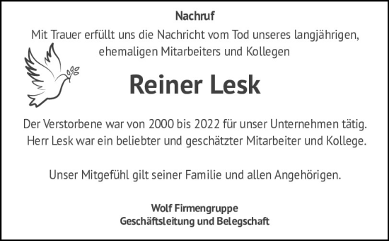 Traueranzeige von Reiner Lesk von Mittelbayerische Zeitung Schwandorf