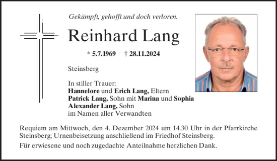 Traueranzeige von Reinhard Lang von Mittelbayerische Zeitung Regensburg