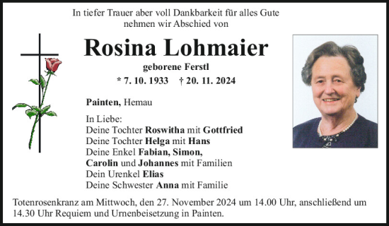 Traueranzeige von Rosina Lohmaier von Mittelbayerische Zeitung Kelheim