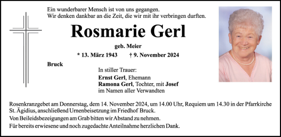 Traueranzeige von Rosmarie Gerl von Mittelbayerische Zeitung Schwandorf