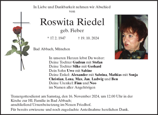 Traueranzeige von Roswita Riedel von Mittelbayerische Zeitung Kelheim