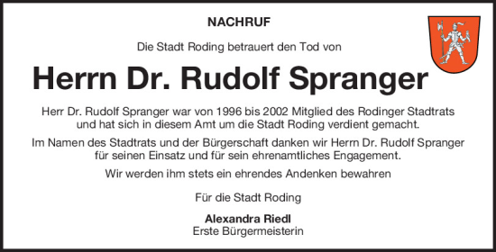 Traueranzeige von Rudolf  Spranger von Bayerwald Echo