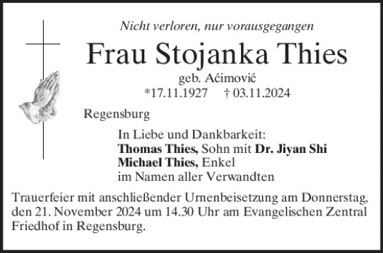 Traueranzeige von Stojanka Thies von Mittelbayerische Zeitung Regensburg