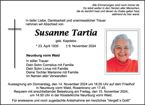 Traueranzeige von Susanne Tartia von Mittelbayerische Zeitung Schwandorf