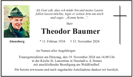 Traueranzeige von Theodor Baumer von Mittelbayerische Zeitung Kelheim