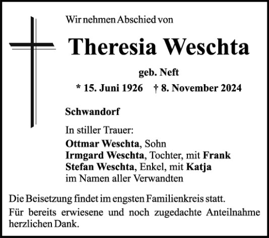 Traueranzeige von Theresia Weschta von Mittelbayerische Zeitung Schwandorf