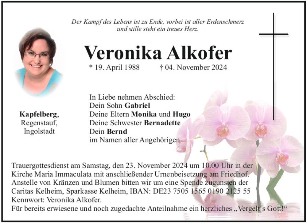  Traueranzeige für Veronika Alkofer vom 19.11.2024 aus Mittelbayerische Zeitung Kelheim