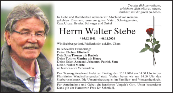 Traueranzeige von Walter Stebe von Bayerwald Echo