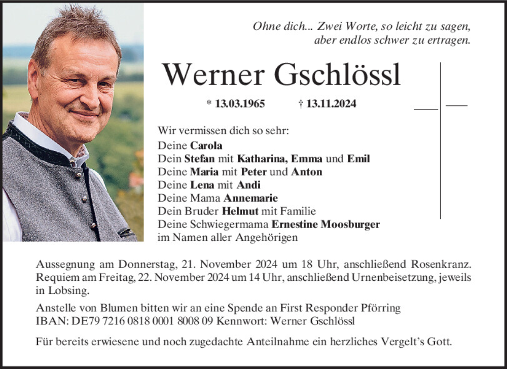  Traueranzeige für Werner Gschlössl vom 20.11.2024 aus Mittelbayerische Zeitung Kelheim