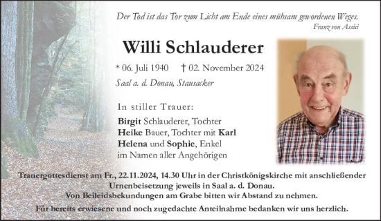 Traueranzeige von Willi Schlauderer von Mittelbayerische Zeitung Kelheim