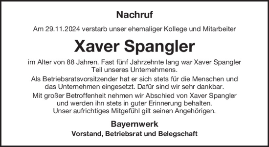 Traueranzeige von Xaver Spangler von Mittelbayerische Zeitung Regensburg