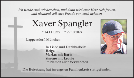 Traueranzeige von Xaver Spangler von Mittelbayerische Zeitung Regensburg