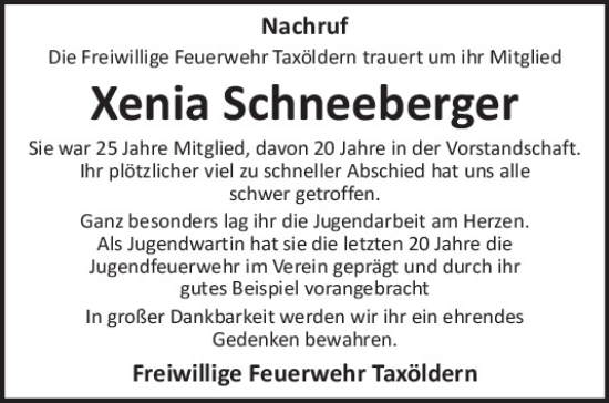 Traueranzeige von Xenia Schneeberger von Mittelbayerische Zeitung Schwandorf