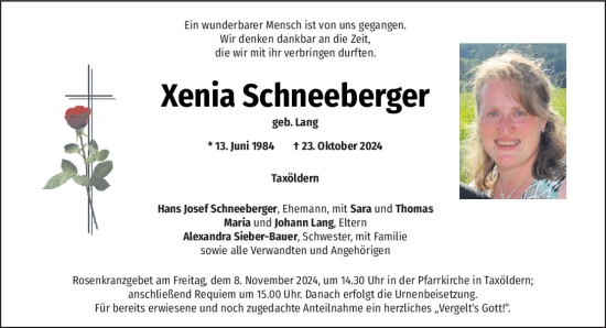 Traueranzeige von Xenia Schneeberger von Mittelbayerische Zeitung Schwandorf