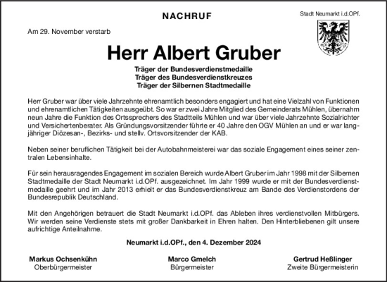 Traueranzeige von Albert Gruber von Neumarkter Tagblatt