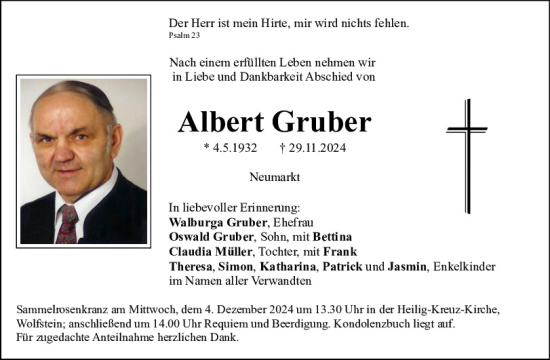 Traueranzeige von Albert Gruber von Neumarkter Tagblatt