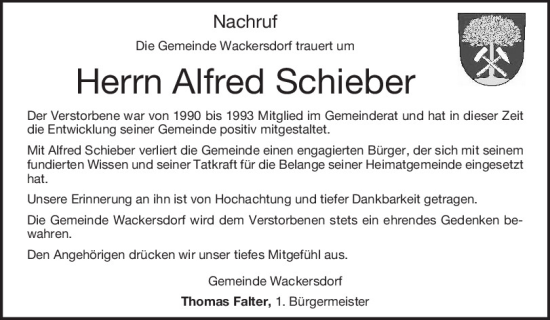 Traueranzeige von Alfred Schieber von Mittelbayerische Zeitung Schwandorf