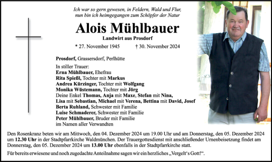 Traueranzeige von Alois Mühlbauer von Bayerwald Echo