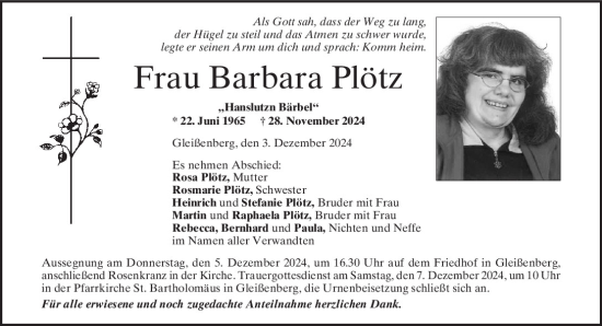 Traueranzeige von Barbara Plötz von Bayerwald Echo