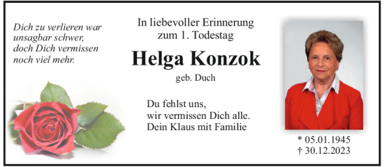 Traueranzeige von Helga Konzok von Mittelbayerische Zeitung Kelheim