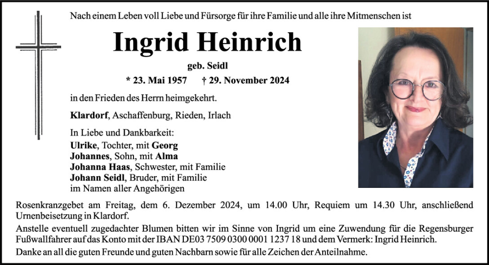  Traueranzeige für Ingrid Heinrich vom 03.12.2024 aus Mittelbayerische Zeitung Schwandorf