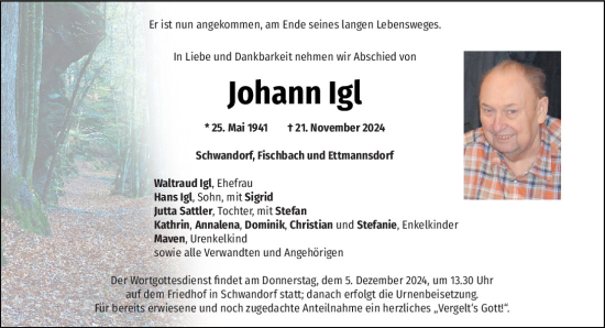 Traueranzeige von Johann Igl von Mittelbayerische Zeitung Schwandorf