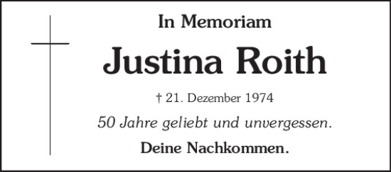 Traueranzeige von Justina Roith von Bayerwald Echo