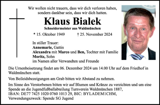 Traueranzeige von Klaus Bialek von Bayerwald Echo