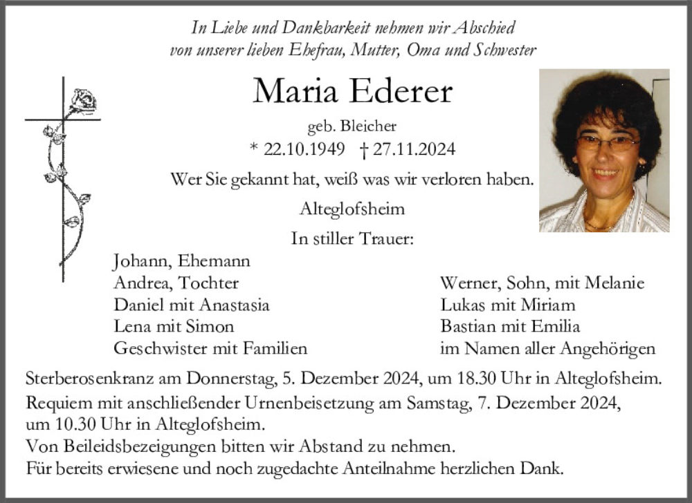  Traueranzeige für Maria Ederer vom 04.12.2024 aus Mittelbayerische Zeitung Regensburg