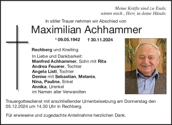 Traueranzeige von Maximilian Achhammer von Mittelbayerische Zeitung Regensburg