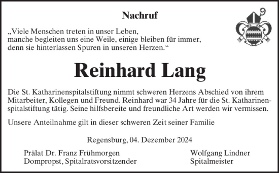 Traueranzeige von Reinhard Lang von Mittelbayerische Zeitung Regensburg