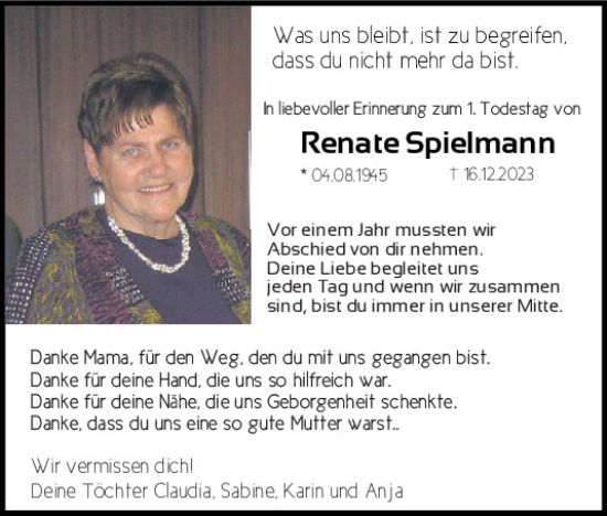 Traueranzeige von Renate Spielmann von Mittelbayerische Zeitung Kelheim