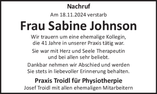 Traueranzeige von Sabine Johnson von Mittelbayerische Zeitung Regensburg