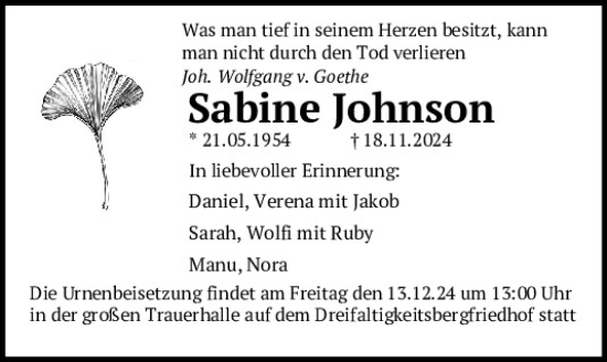 Traueranzeige von Sabine Johnson von Mittelbayerische Zeitung Regensburg