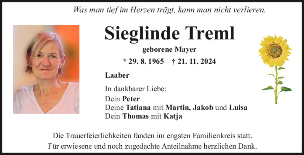  Traueranzeige für Sieglinde Treml vom 05.12.2024 aus Mittelbayerische Zeitung Regensburg