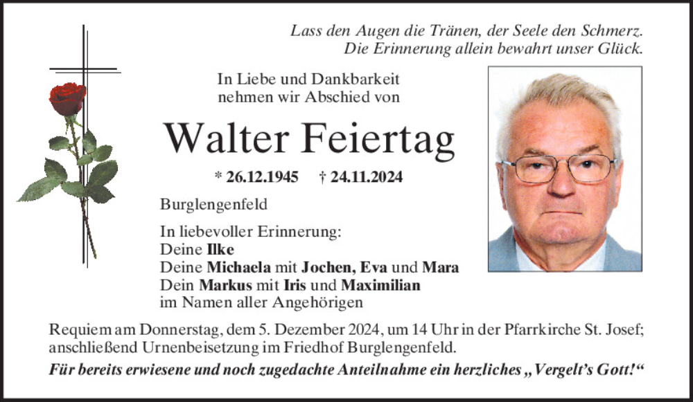  Traueranzeige für Walter Feiertag vom 02.12.2024 aus Mittelbayerische Zeitung Schwandorf