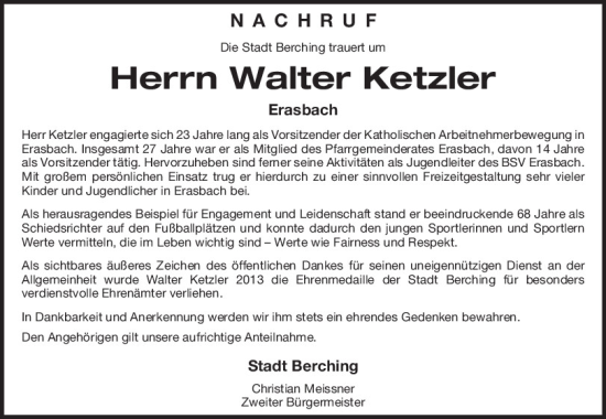 Traueranzeige von Walter Ketzler von Neumarkter Tagblatt