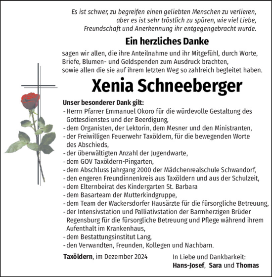 Traueranzeige von Xenia Schneeberger von Mittelbayerische Zeitung Schwandorf